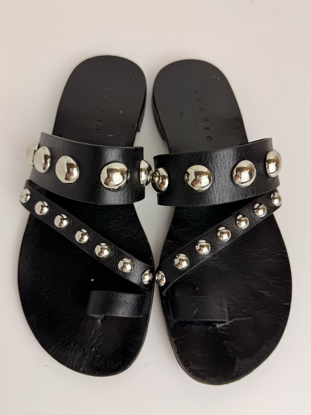 Sandro Black Leather Studded Flat Sandals‎ Size 37 EU
